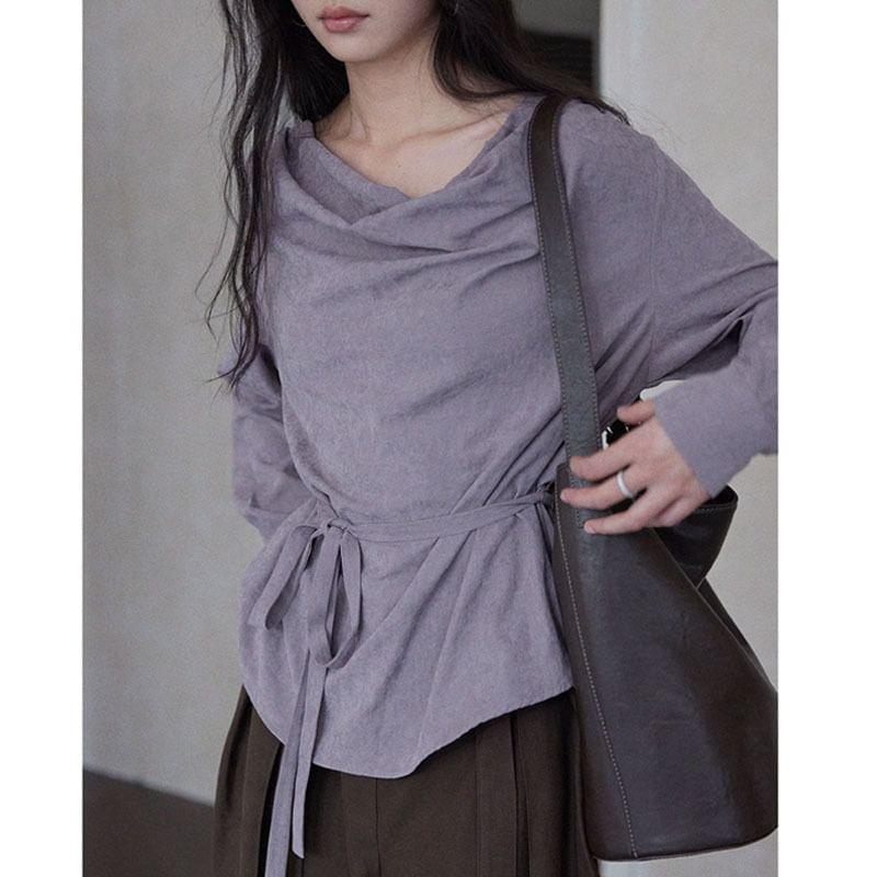Long Sleeve Cowl Neck Plain Tie-Waist Top Product Image