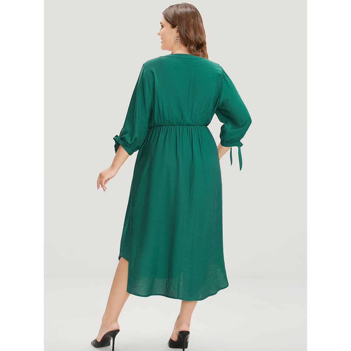 Plus Size Solid Pocket Knot Sleeve Half Zipper Arc Hem Dress DarkGreen Women Office Cross straps V-neck Elbow-length sleeve Curvy Midi Dress BloomChic 18-20/2X Product Image