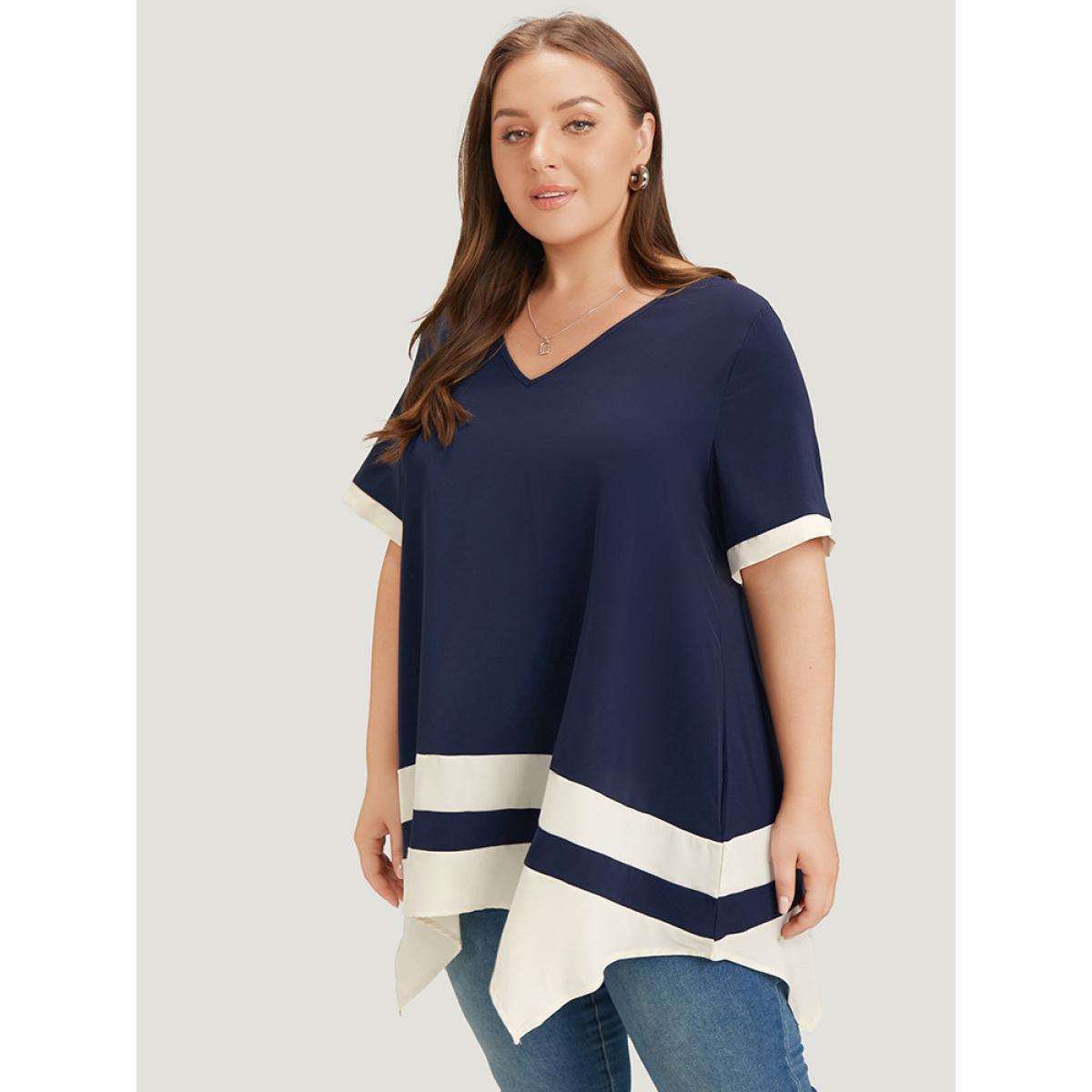 Plus Size Midnight Anti-Wrinkle Two Tone Hanky Hem Blouse Women Office Short sleeve V-neck Work Blouses BloomChic 22-24/3X Product Image