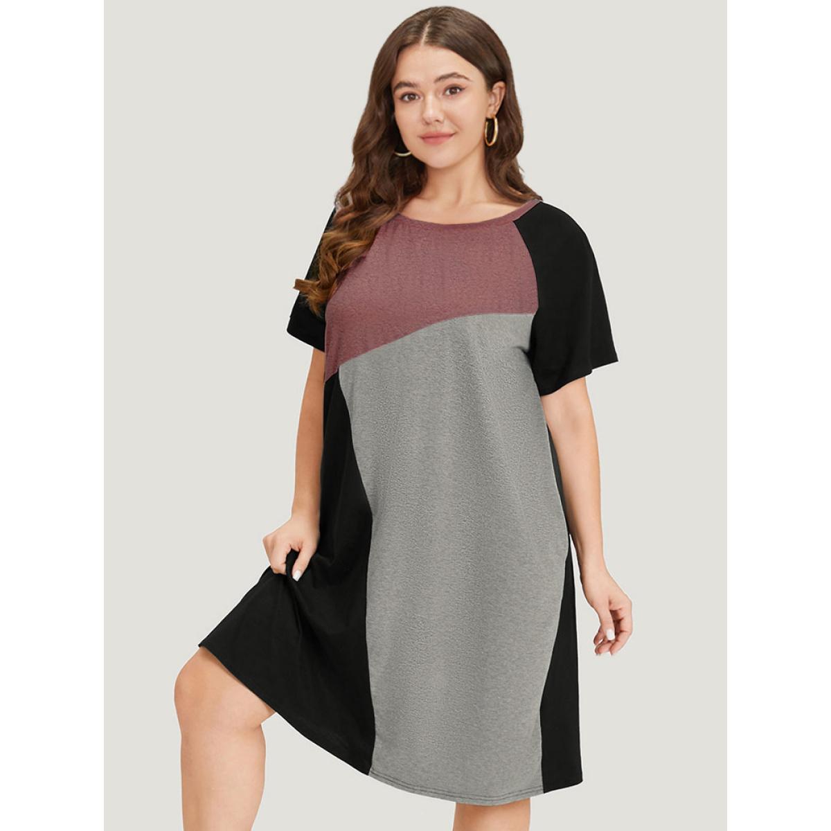 Plus Size Supersoft Essentials Colorblock Contrast Round Neck Raglan Sleeve Dress Russet Women Casual Patchwork Round Neck Short sleeve Curvy Midi Dress BloomChic 22-24/3X Product Image