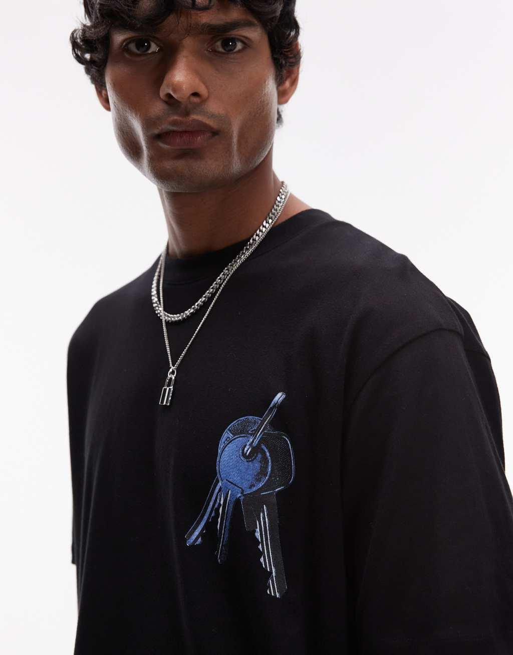 Topman oversized fit t-shirt with front and back keys patch print in black Product Image