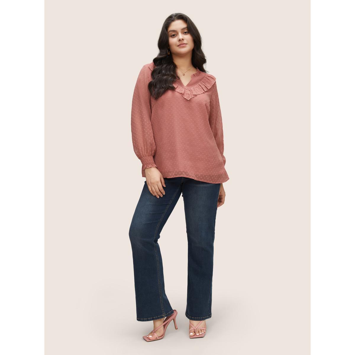 Plus Size DustyPink Texture Shirred Lace Patchwork Frill Trim Blouse Women Elegant Long Sleeve V-neck Everyday Blouses BloomChic 30/6X Product Image