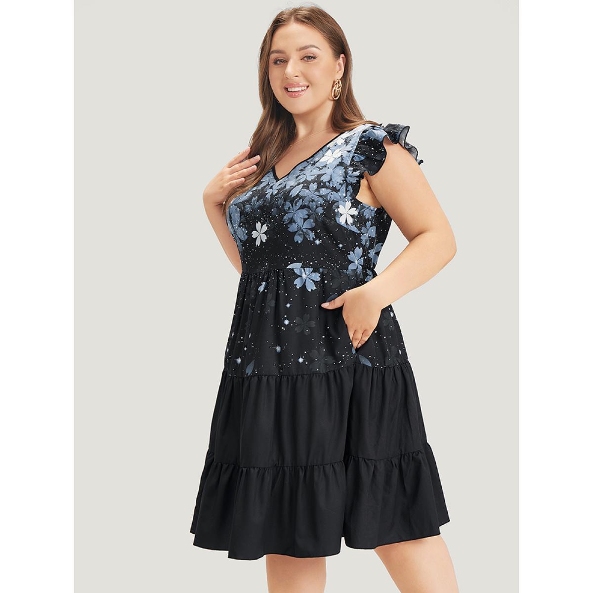 Plus Size Pixel Flower Pocket Cap Sleeve Layered Hem Dress BlackFlower Women Elegant Tiered V-neck Cap Sleeve Curvy Knee Dress BloomChic 10/M Product Image