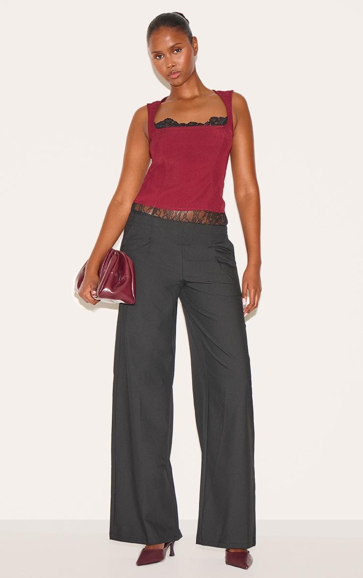 Burgundy Lace Detail Square Neck Woven Top Product Image