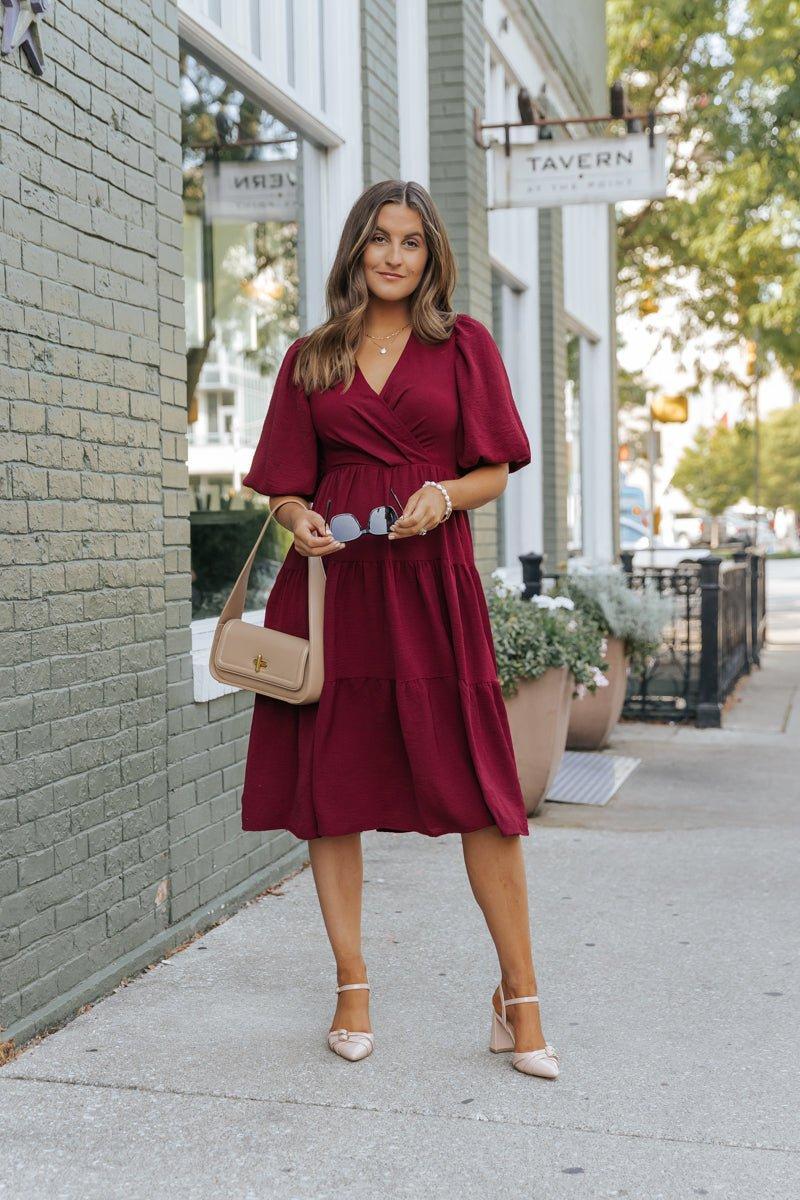 Wine Tiered Midi Wrap Dress - FINAL SALE Female Product Image