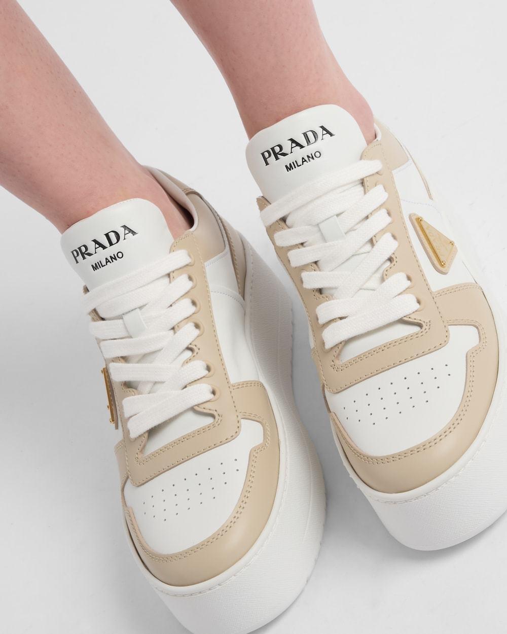 PRADA Downtown Bold Platform-sole Leather Trainers In White Beige Product Image