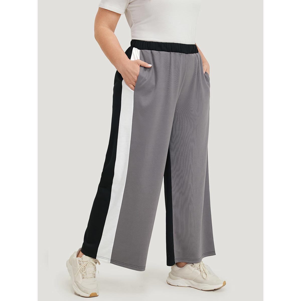 Contrast Patchwork Pocket High Rise Sweatpants Black Plus Size Women Casual Dailywear Contrast 14-16/1X Bloomchic Product Image