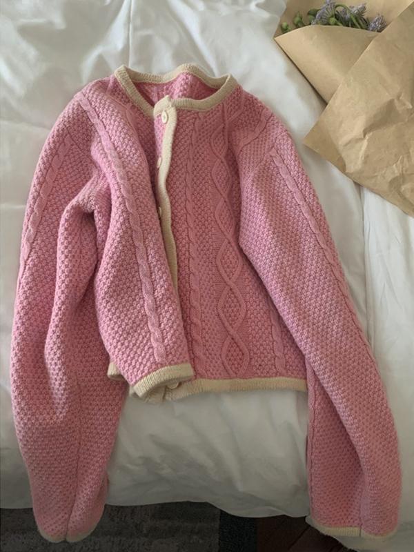 Contrast Color Trim Argyle Cable Knit Cardigan Product Image