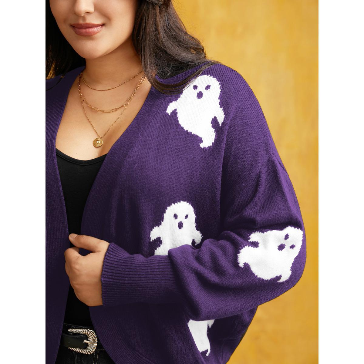 Plus Size Happy Ghost Jacquard Arc Cardigan Eggplant Women Casual Loose Long Sleeve Everyday Cardigans BloomChic 26/4X Product Image