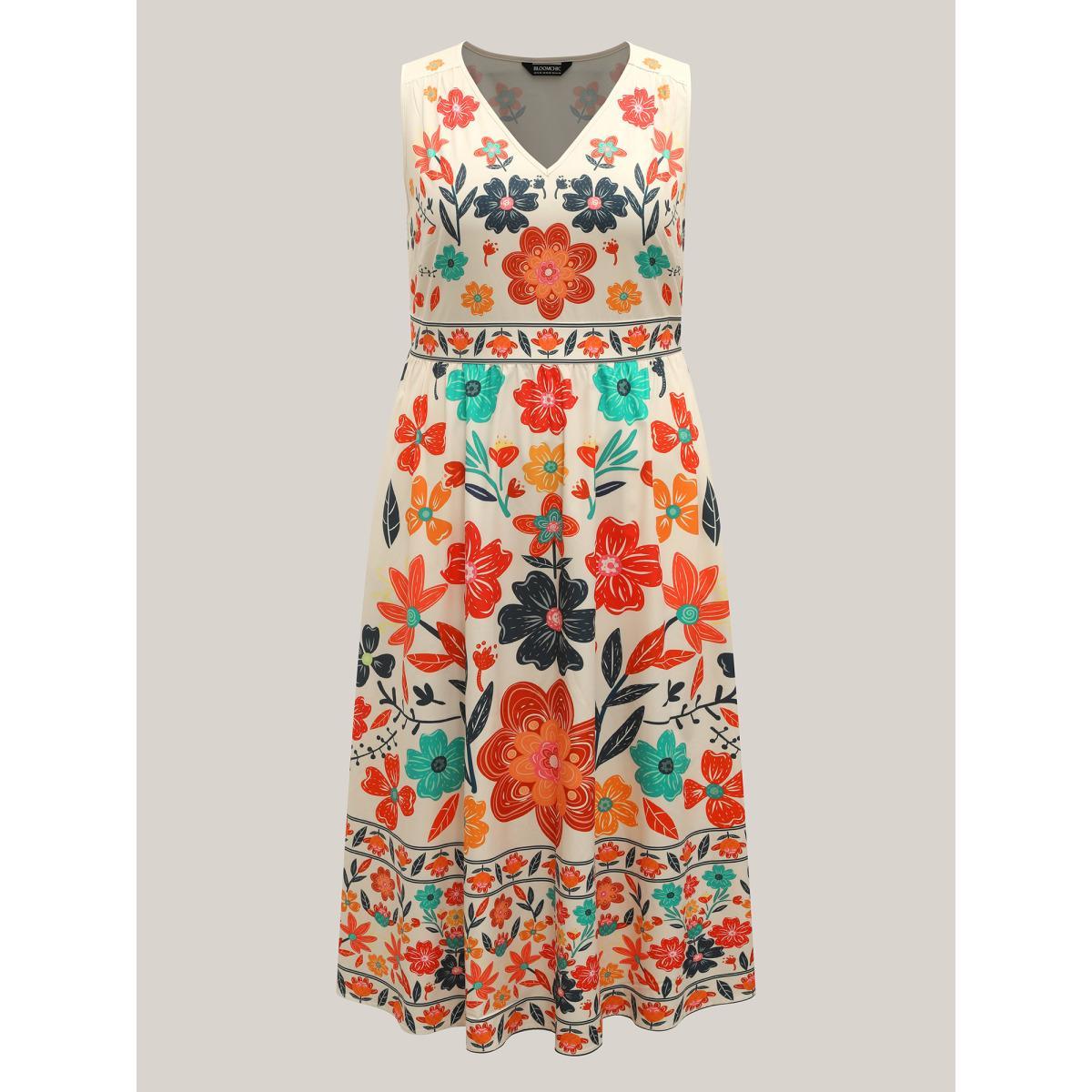 Plus Size Floral Drama Cinched-Waist Maxi Dress Multicolor Women V-neck Sleeveless Curvy BloomChic 14-16/1X Product Image
