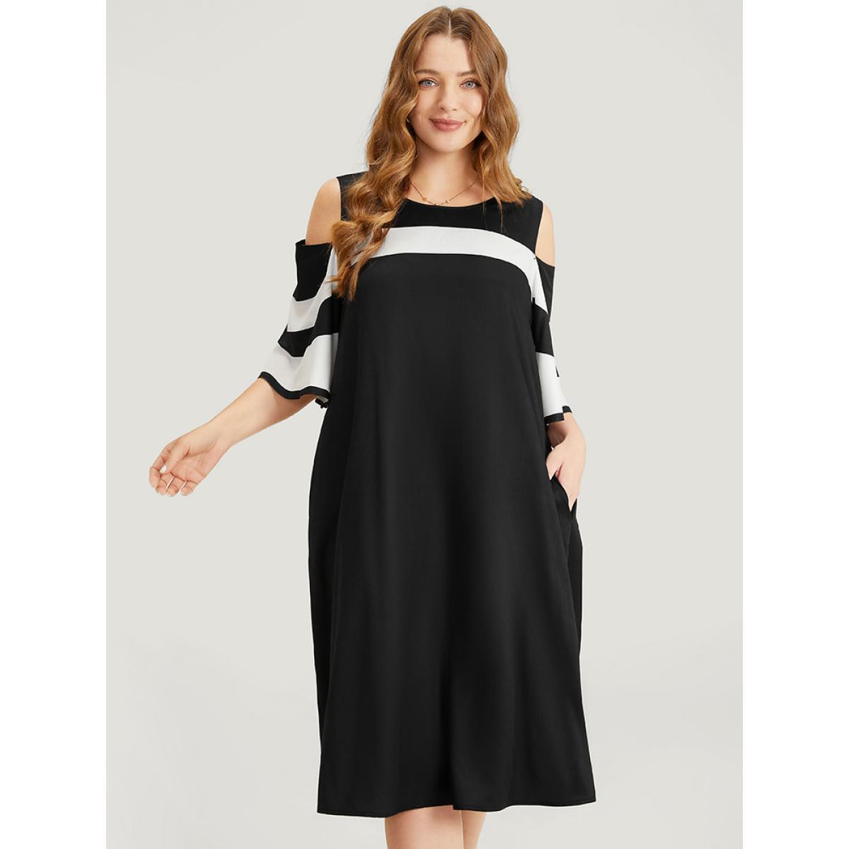 Plus Size Colorblock Contrast Pocket Cold Shoulder Dress Black Women Elegant Contrast Cold Shoulder Half Sleeve Curvy Knee Dress BloomChic 22-24/3X Product Image