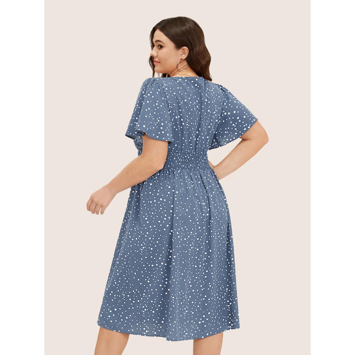 Plus Size Polka Dot Wrap Pocket Shirred Ruffle Sleeve Dress Stone Women Elegant Patchwork Curvy Midi Dress BloomChic 14-16/1X Product Image