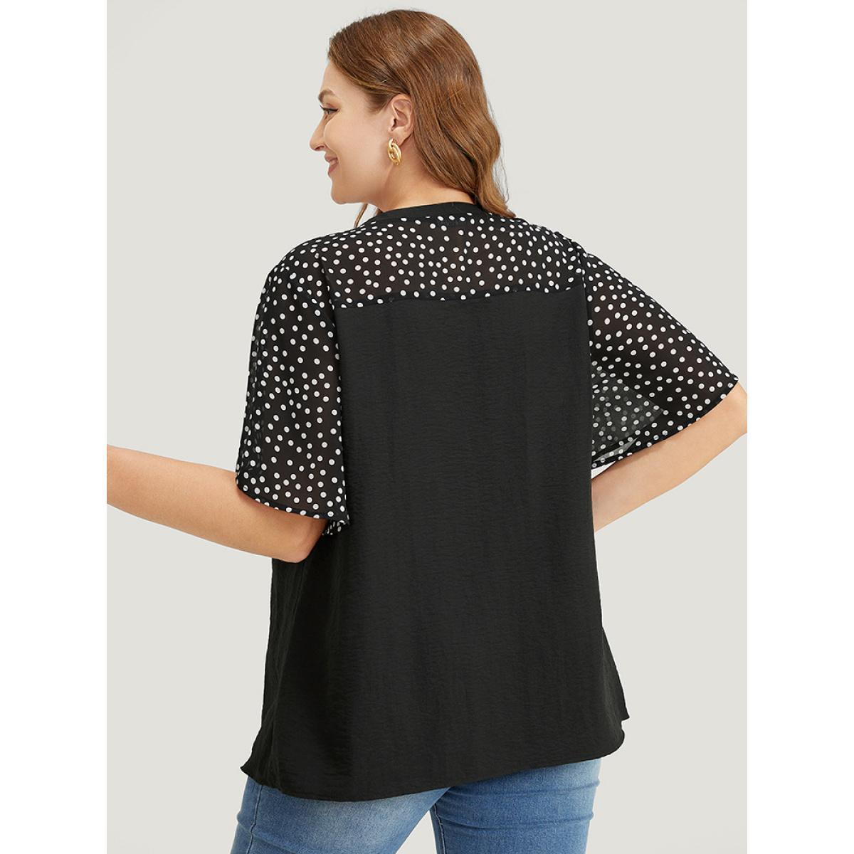 Plus Size Black Polka Dot Patchwork Flutter Sleeve Chain Detail Blouse Women Elegant Short sleeve V-neck Dailywear Blouses BloomChic 12/L Product Image