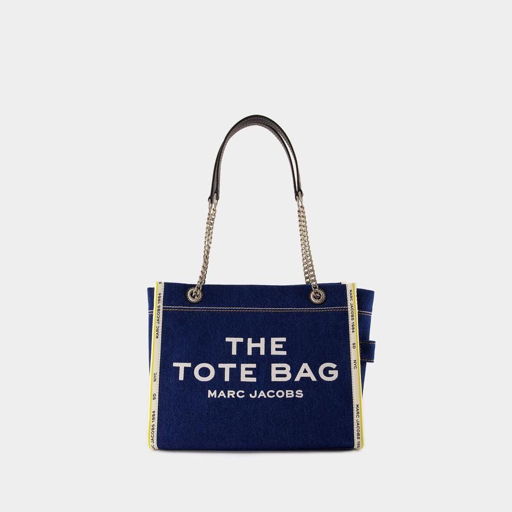 MARC JACOBS The Medium Tote In Blue Denim With Embroidered Logo In Dark Wash Product Image