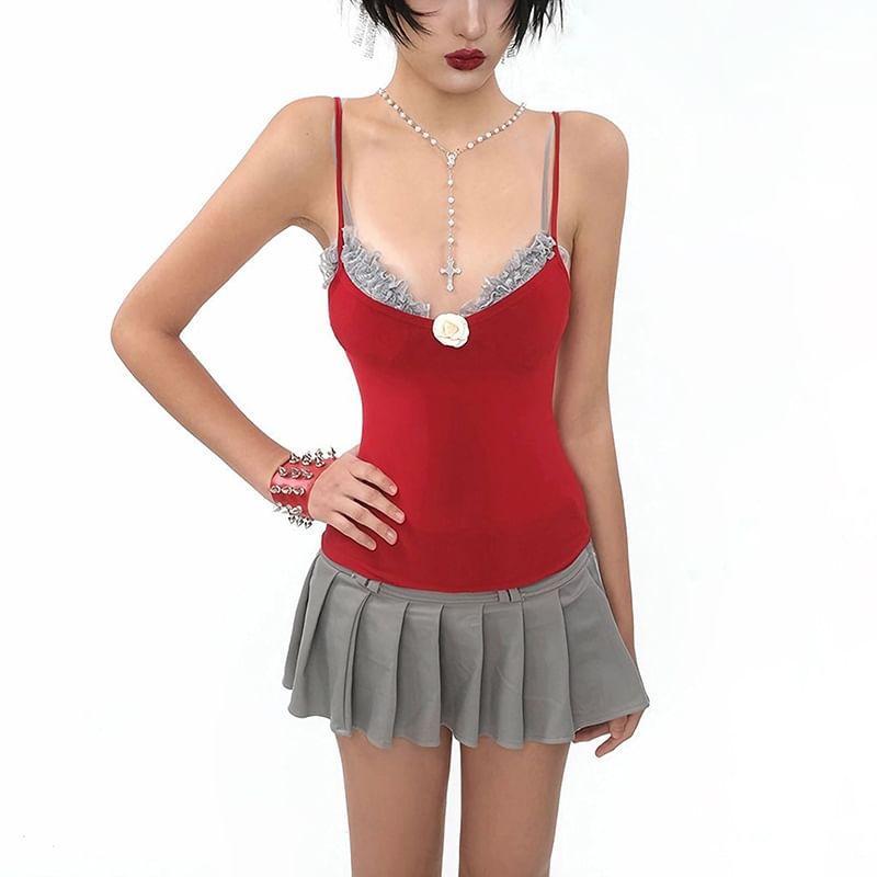 Set: V-Neck 3D Flower Plain Slim-Fit Camisole Top + Ruffled-Trim Bra Top Product Image
