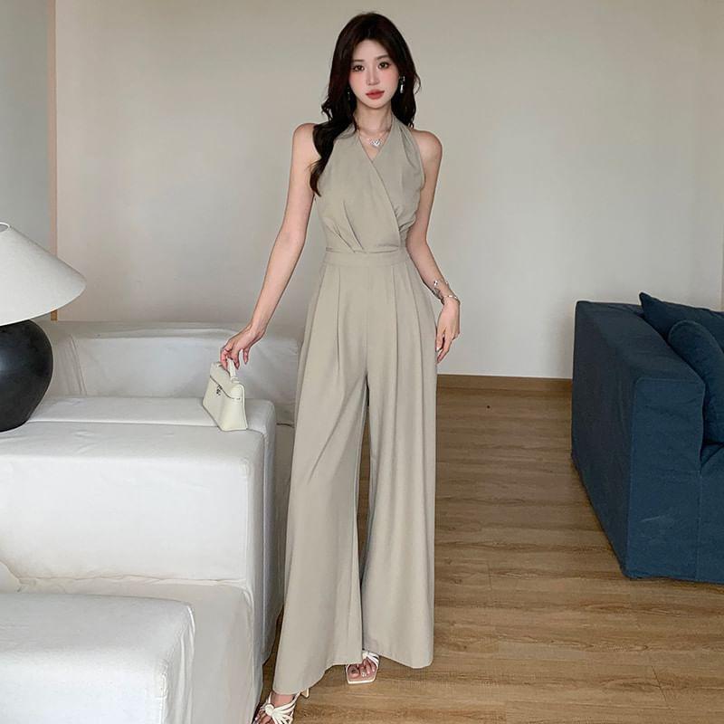Halter Neck Plain Wide Leg Jumpsuit Product Image