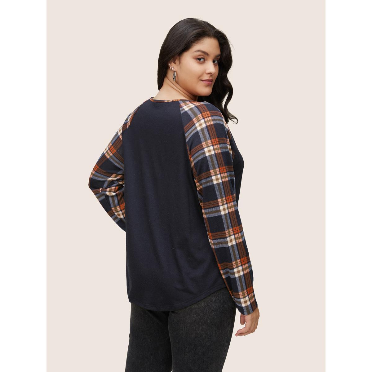 Plus Size Plaid Patchwork Raglan Sleeve Crisscross T-shirt Indigo Women Casual Patchwork Plaid V-neck Dailywear T-shirts BloomChic 28/5X Product Image