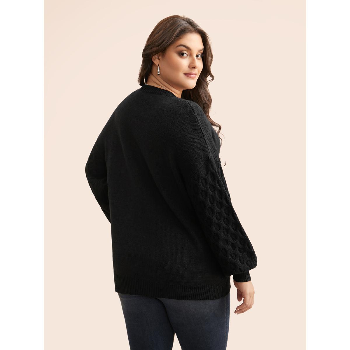 Plus Size Crochet Floral Texture V Neck Pullover Black Women Casual Loose Long Sleeve V-neck Everyday Pullovers BloomChic 30/6X Product Image