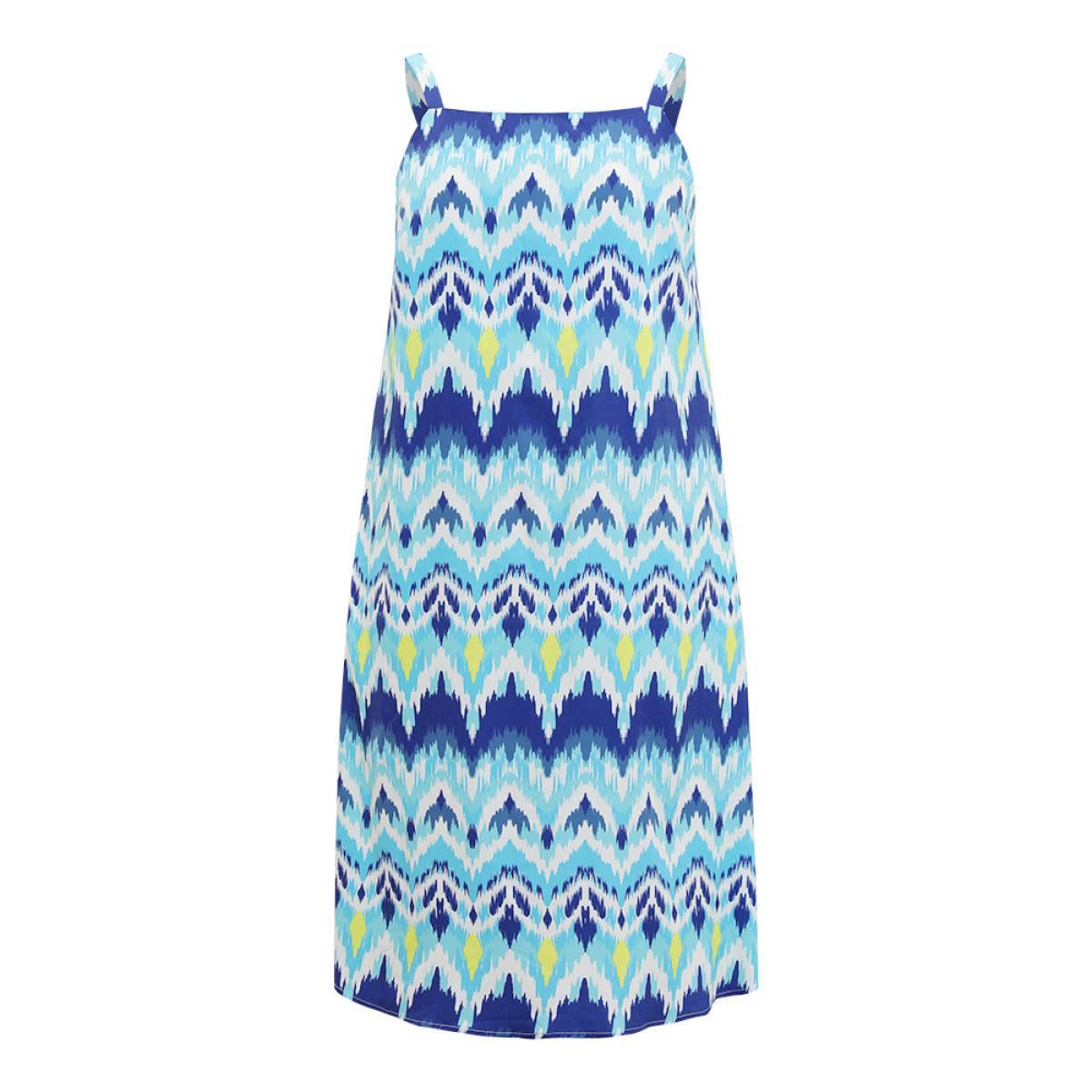 Plus Size Bandana Geometric Ruffles Hem Pocket Spaghetti Strap Dress LightBlue Women Vacation Spaghetti Strap Sleeveless Curvy Midi Dress BloomChic 30/6X Product Image