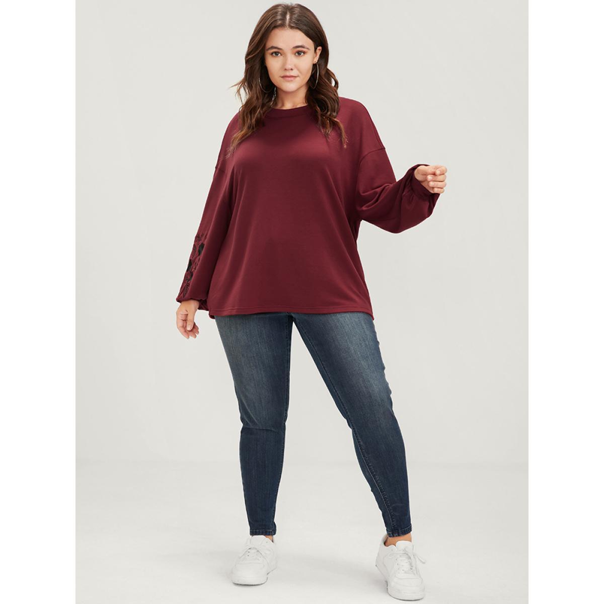 Plus Size Plain Embroidered Lantern Sleeve Drop Shoulder Sweatshirt Women Scarlet Elegant Embroidered Round Neck Dailywear Sweatshirts BloomChic 22-24/3X Product Image
