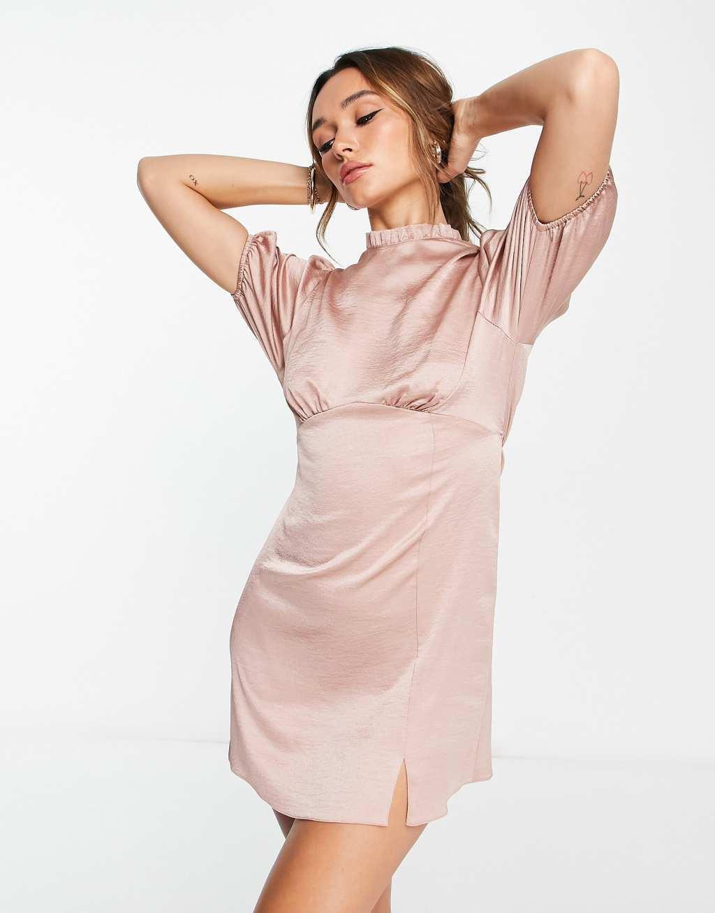 ASOS DESIGN high neck puff sleeve mini satin dress Product Image