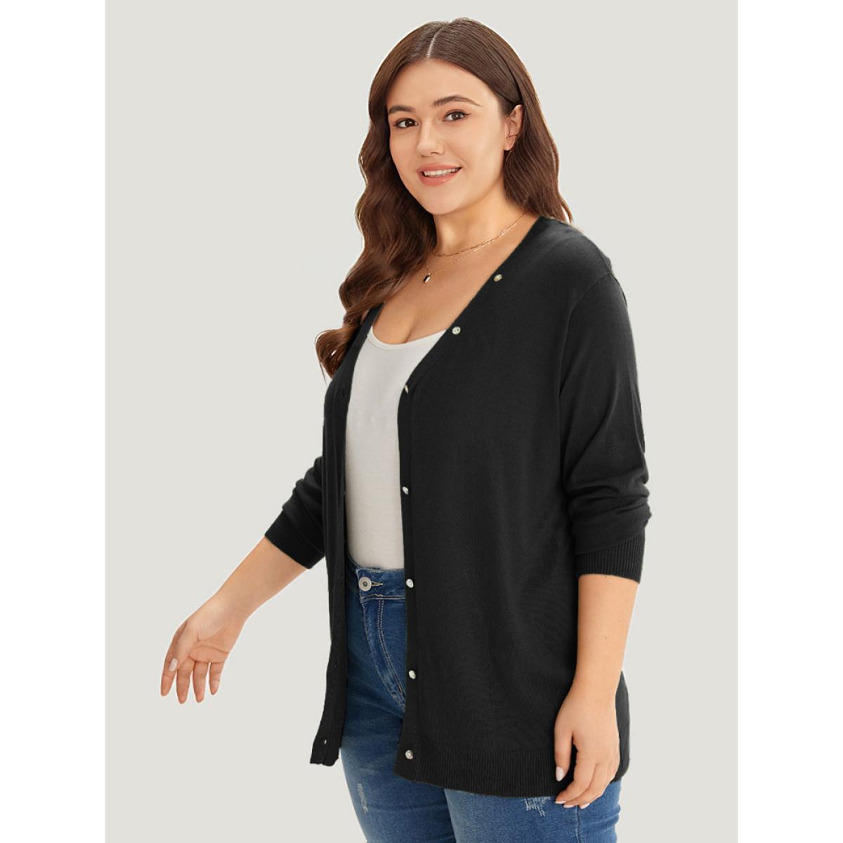 Plus Size Supersoft Essentials Plain Button Detail Very Stretchy Cardigan Black Women Casual Loose Long Sleeve Everyday Cardigans BloomChic 28/5X Product Image
