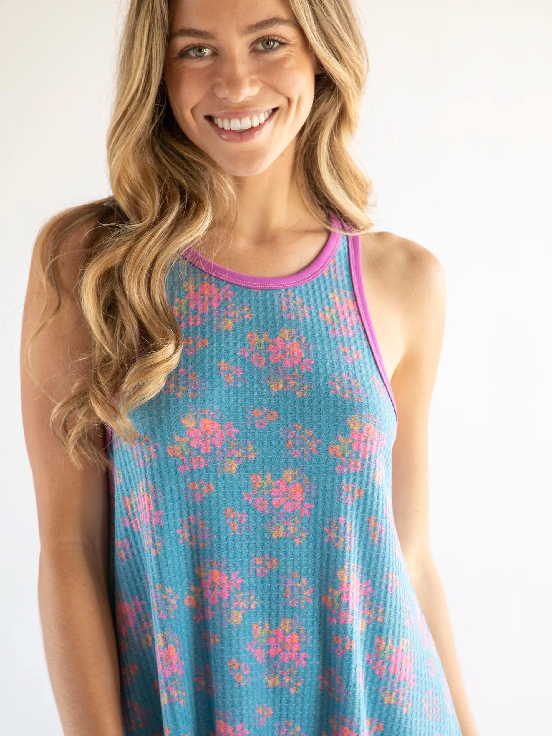 Mix & Match Waffle Nightgown - Turquoise Pink Mustard Floral Product Image