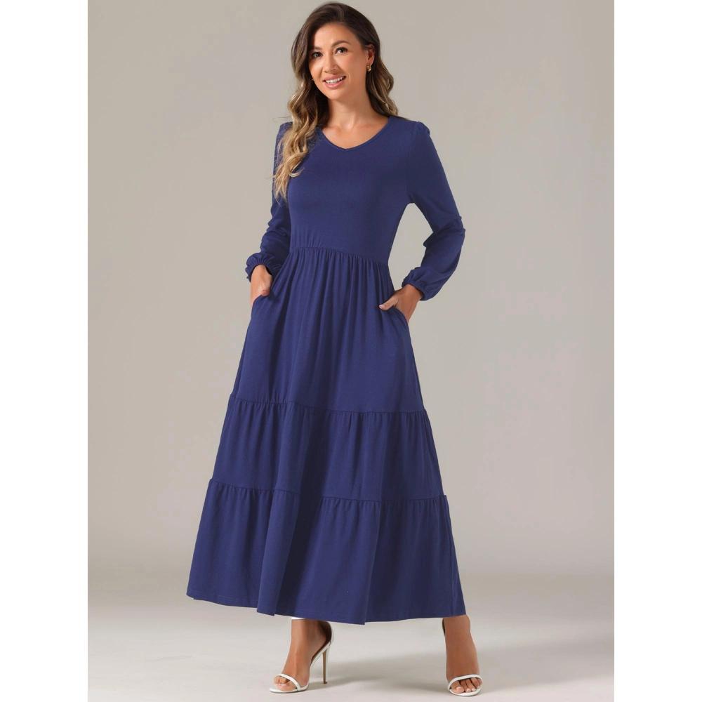 Allegra K Women's Tiered Crewneck Long Sleeve Midi Casual A-Line Dress with Pockets Product Image
