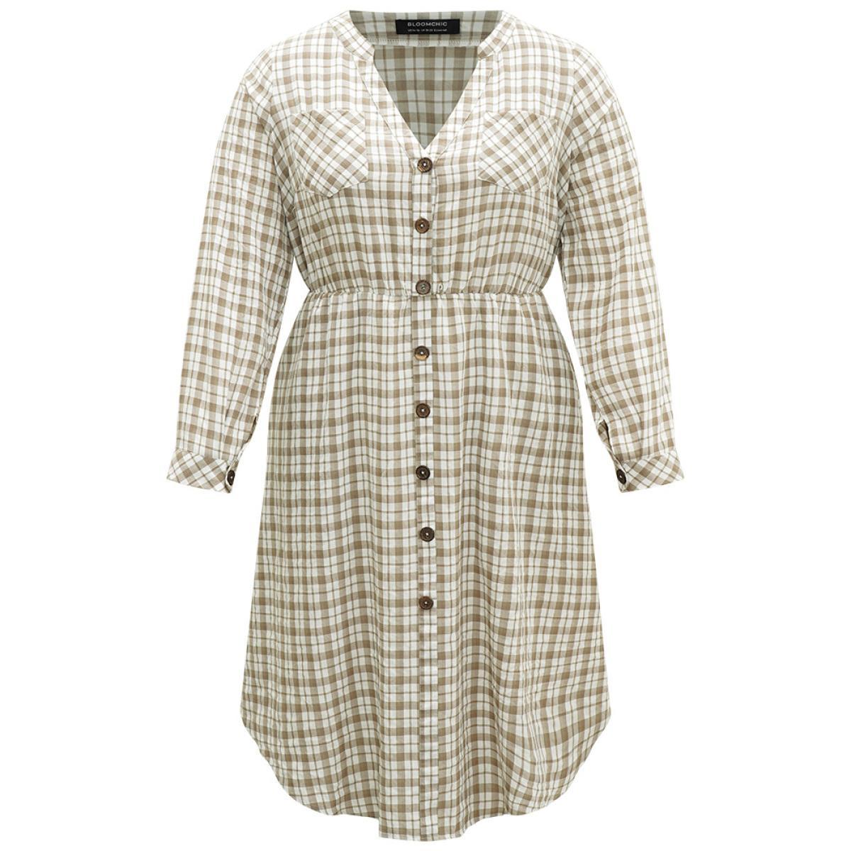 Plus Size Gingham Button Through Arc Hem Dress Sage Women Casual Printed Notched collar Long Sleeve Curvy Midi Dress BloomChic 14-16/1X Product Image
