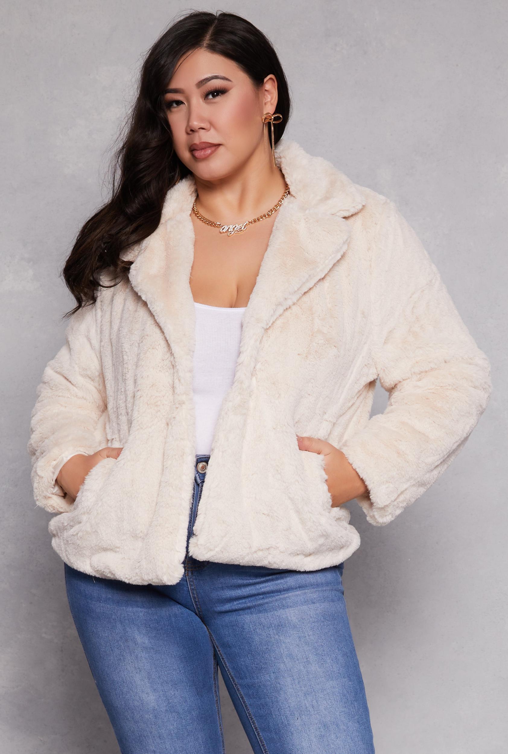Womens Plus Size Snap Button Faux Fur Jacket Product Image