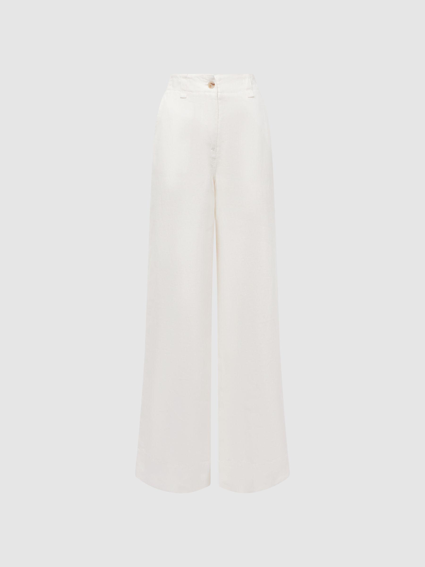 Linen Wide Leg Garment Dyed Trousers in White Product Image