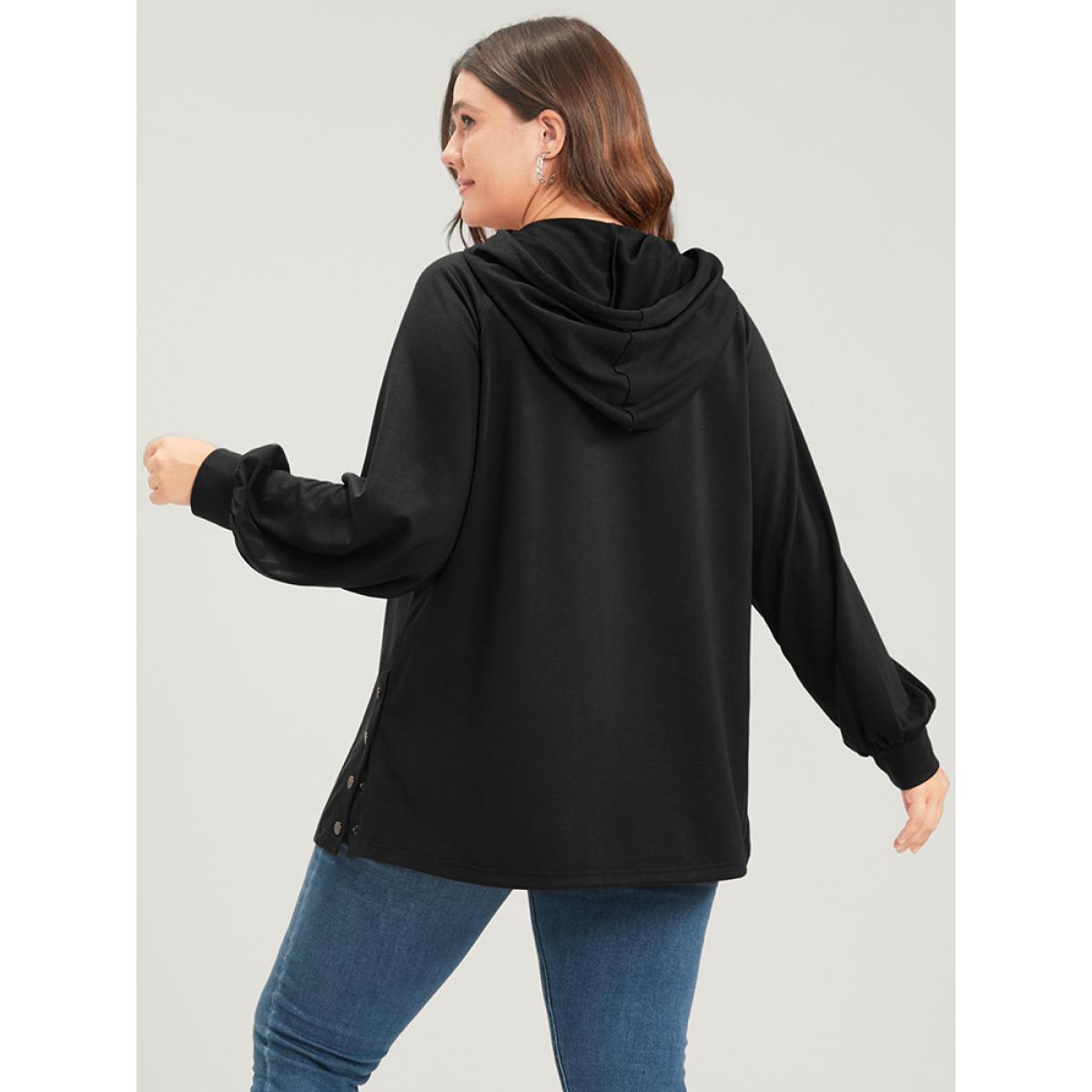 Plus Size Solid Button Side Drop Shoulder Hooded Sweatshirt Women Black Casual Button Hooded Dailywear Sweatshirts BloomChic 10/M Product Image