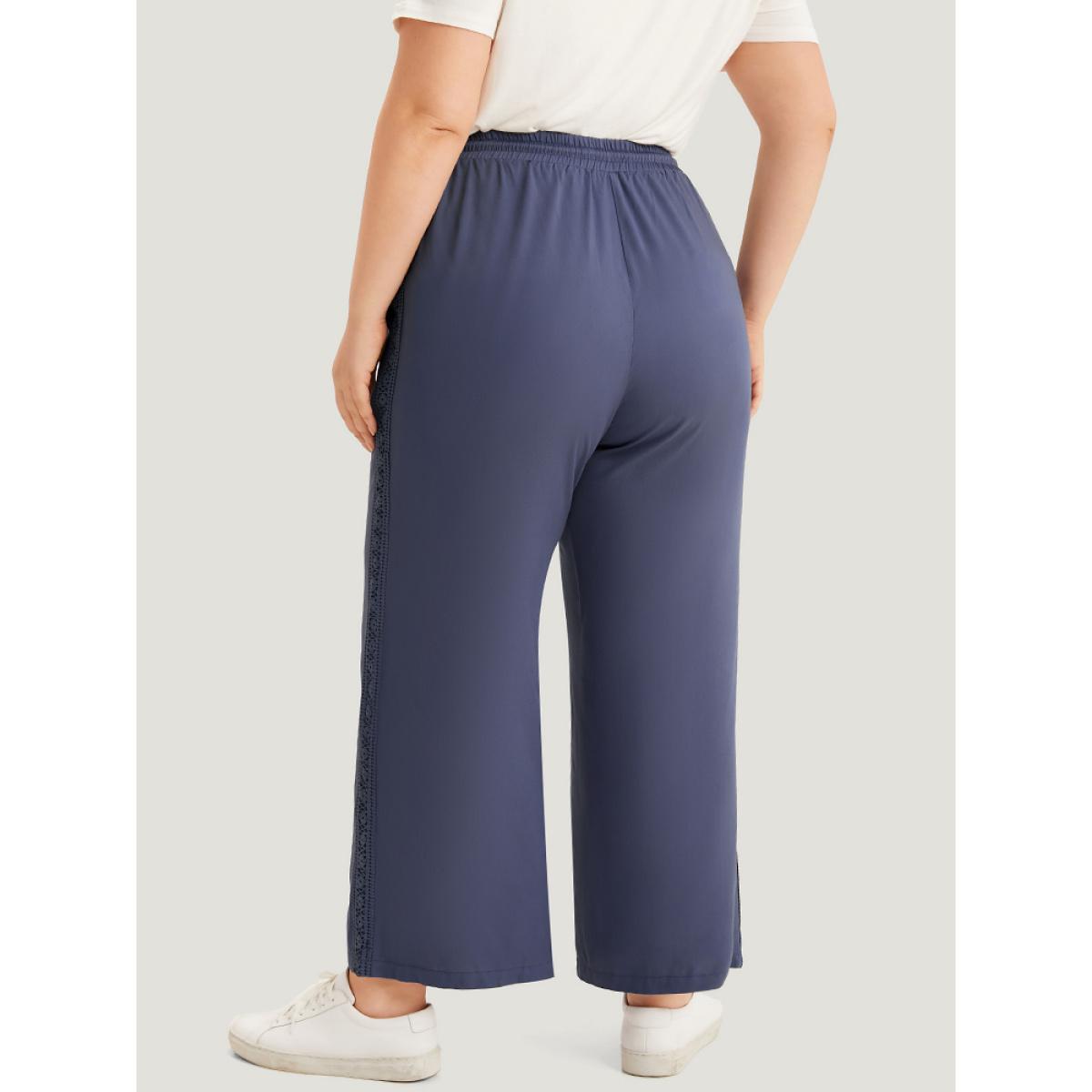 Plus Size Solid Crochet Lace Knotted Elastic Waist Pants Women Stone Casual Wide Leg High Rise Dailywear Pants BloomChic 26/4X Product Image
