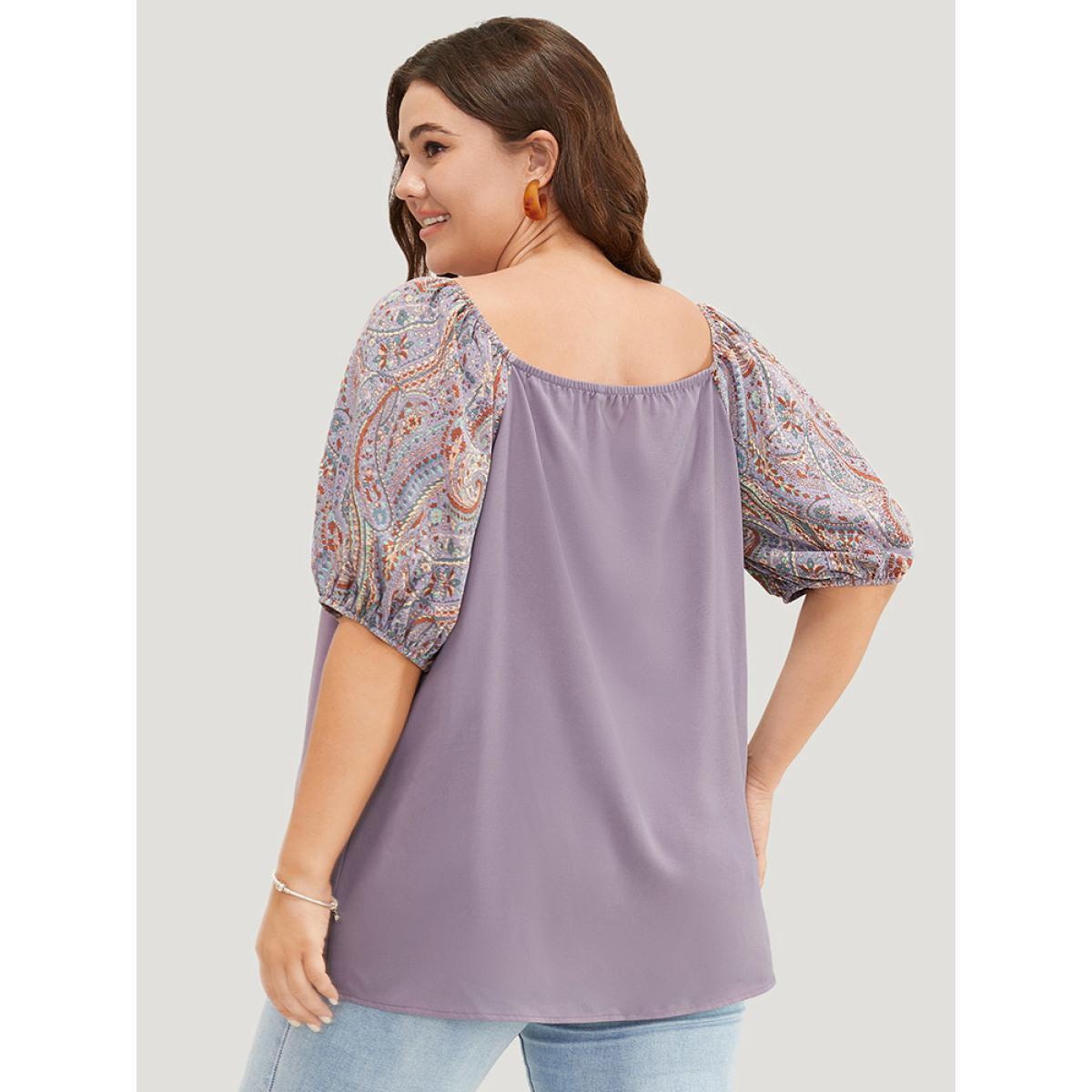 Plus Size Mauve Paisley Print Puff Sleeve Blouse Women Elegant Short sleeve Round Neck Dailywear Blouses BloomChic 22-24/3X Product Image