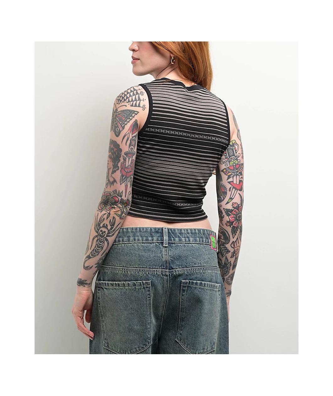Lurking Class by Sketchy Tank Chain Stripe Black & Grey Raglan Crop Tank Top Product Image
