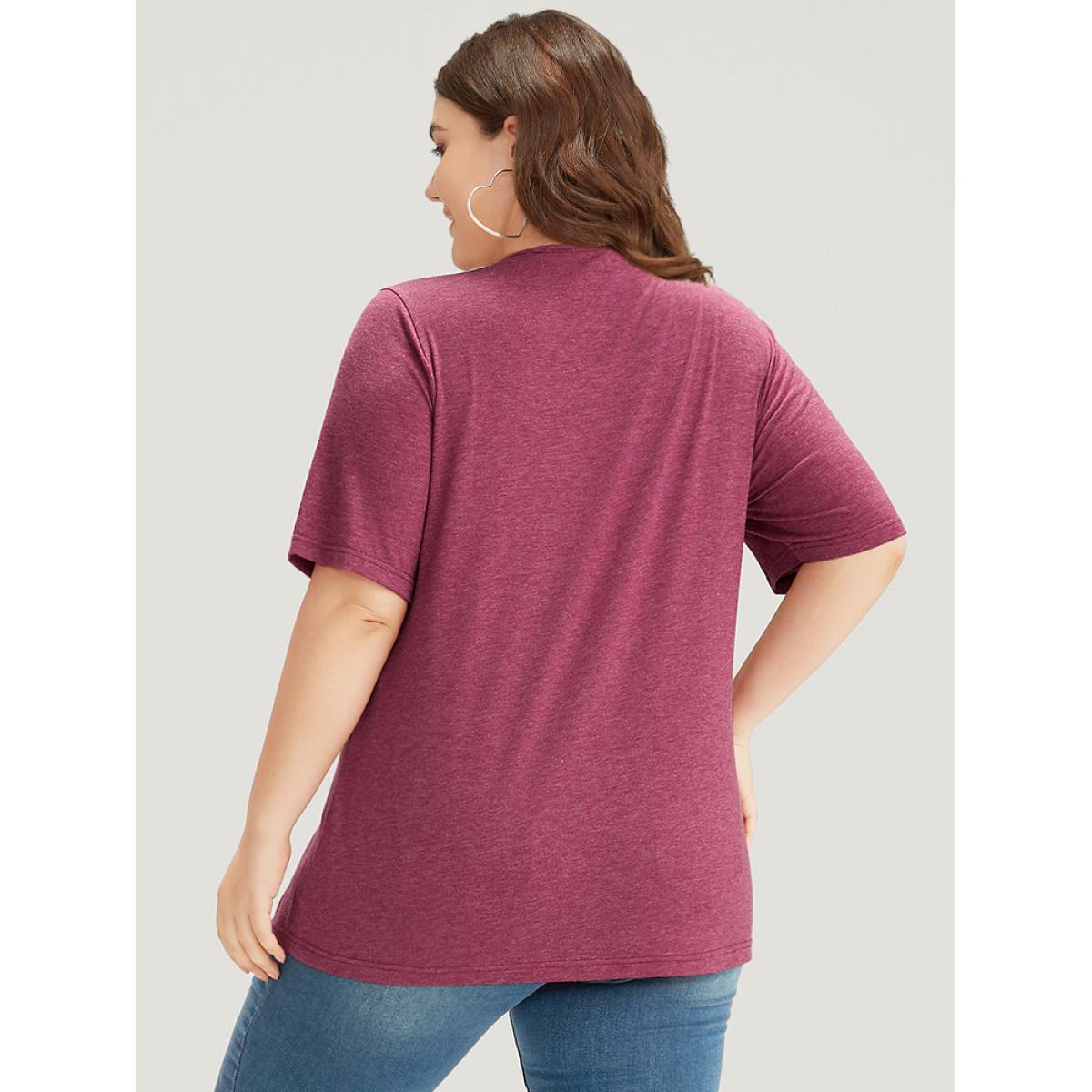 Plus Size Plain Heather Crisscross Square Neck T-shirt Burgundy Women Casual Plain Plain Square Neck Dailywear T-shirts BloomChic 10/M Product Image