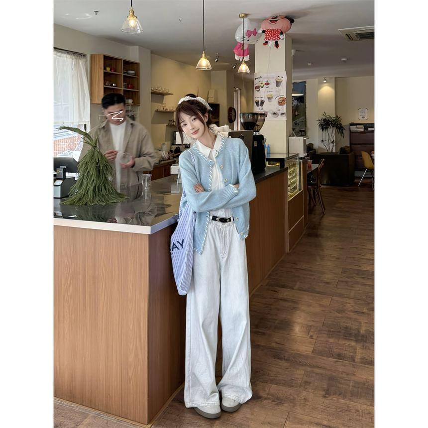 Round Neck Melange Contrast Stitching Cardigan Product Image