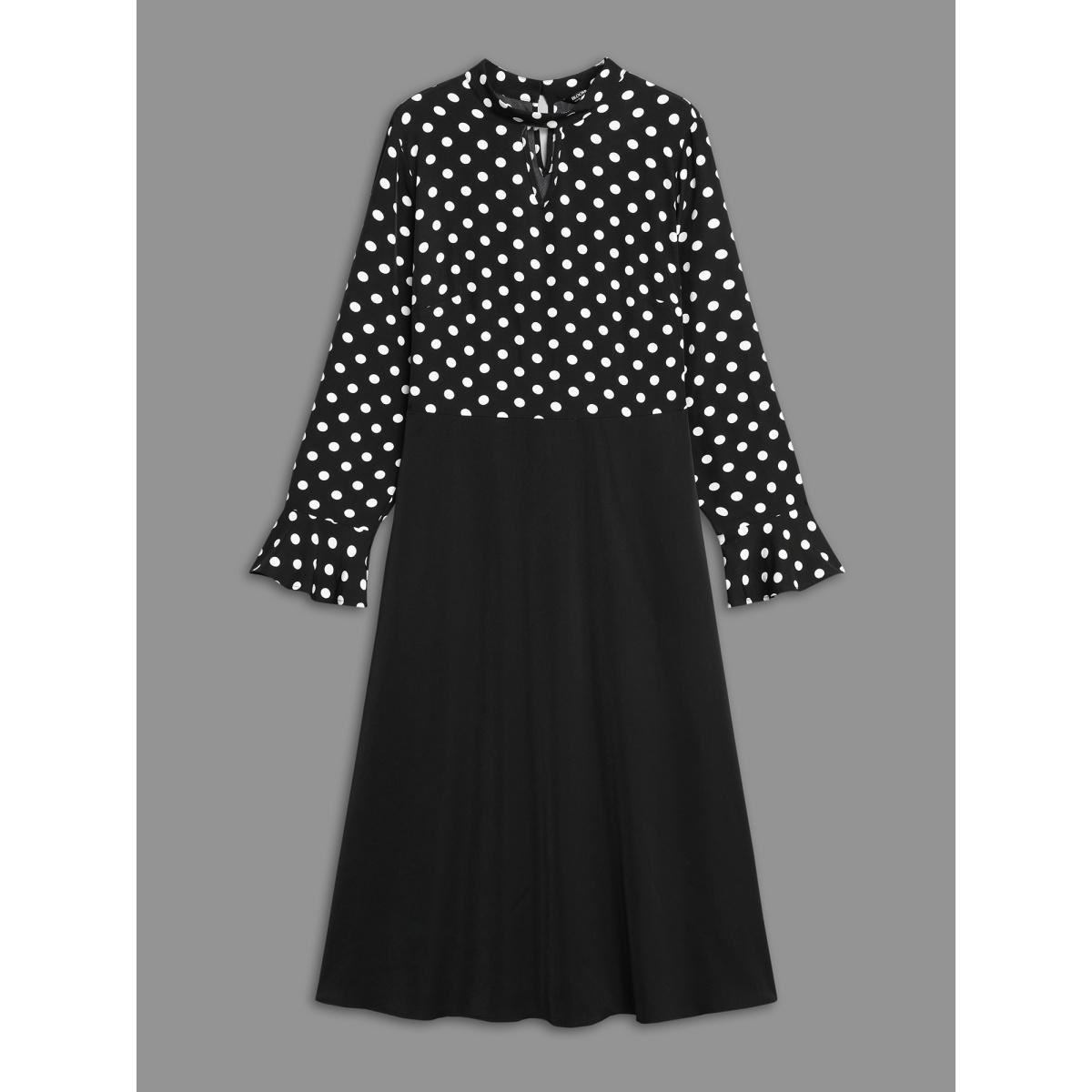 Plus Size Polka Dot Patchwork Keyhole Dress Black Women At the Office Patchwork Mock Neck Long Sleeve Curvy BloomChic 14-16/1X Product Image