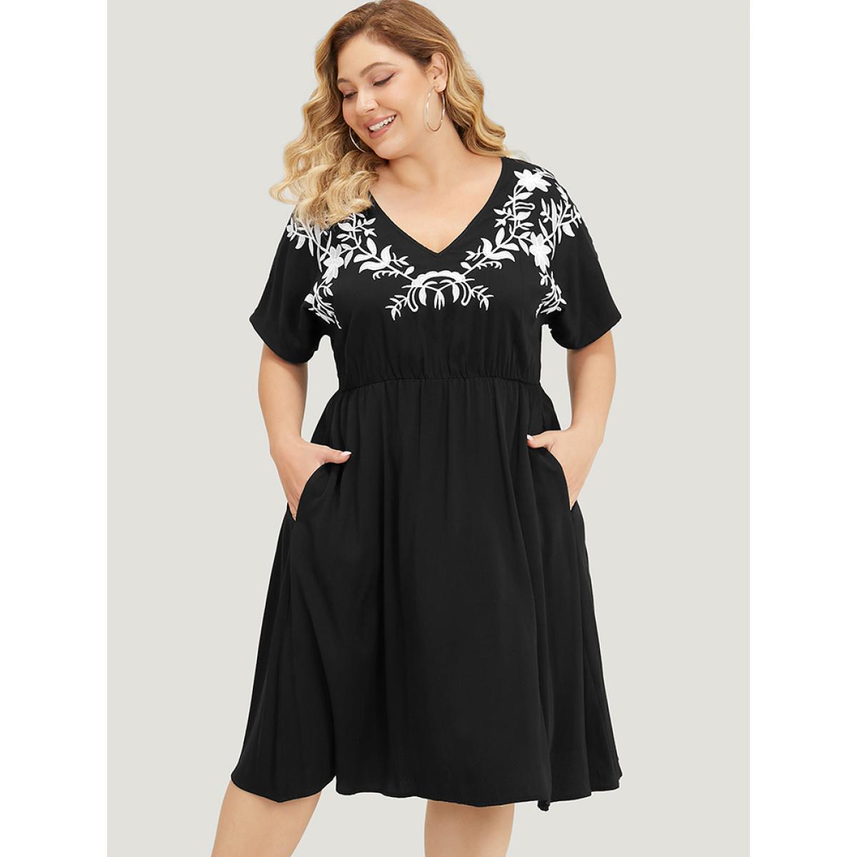 Plus Size Floral Embroidered Pocket Dolman Sleeve Ruffle Dress Black Women Vacation Embroidered V-neck Short sleeve Curvy Knee Dress BloomChic 14-16/1X Product Image