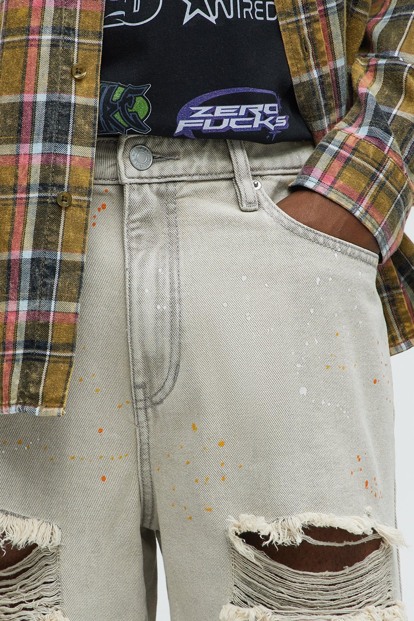 These Streets Paint Splattered Relaxed Denim Shorts - Grey Product Image