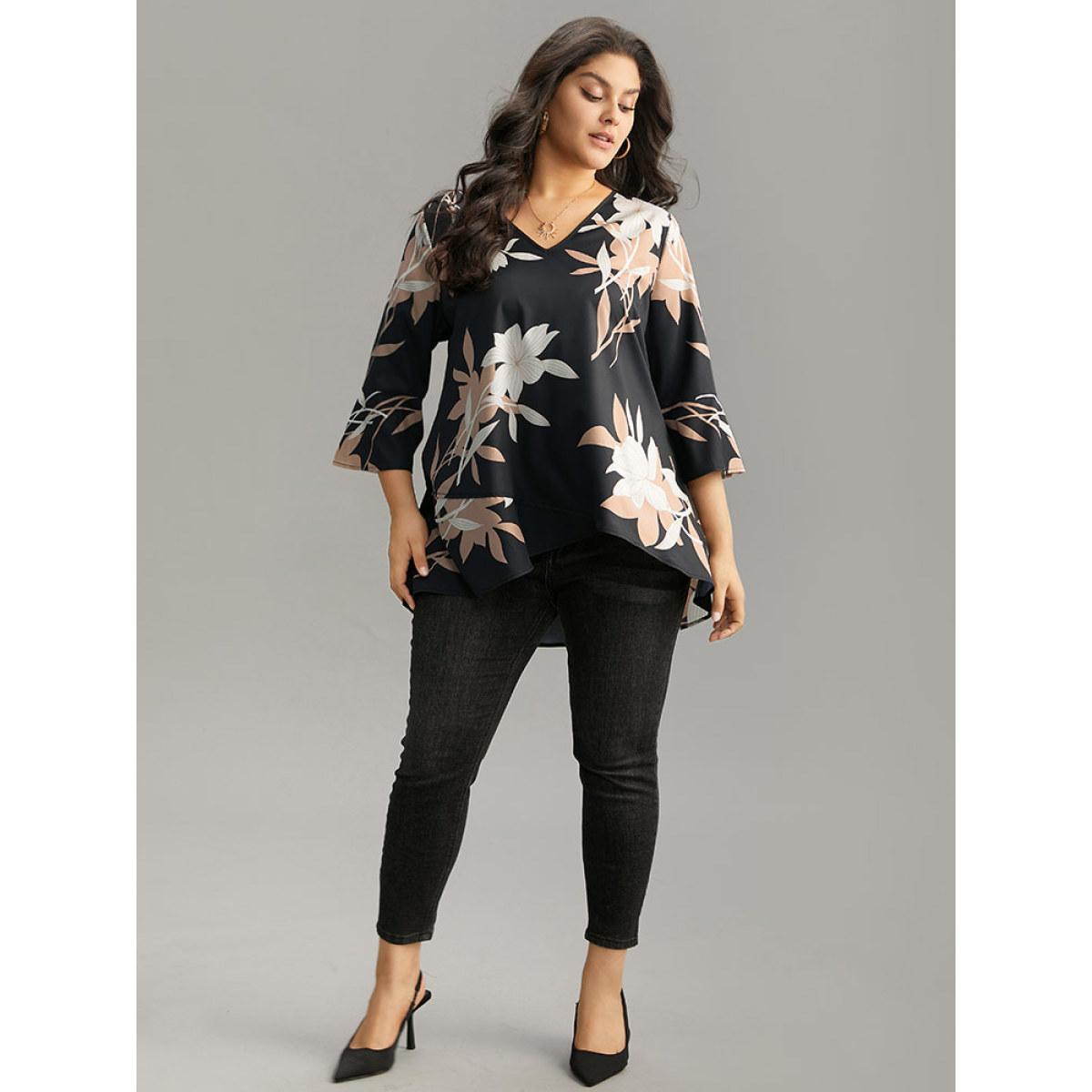 Plus Size Black Floral Print Bell Sleeve Asymmetrical Hem Blouse Women Elegant Elbow-length sleeve V-neck Dailywear Blouses BloomChic 12/L Product Image