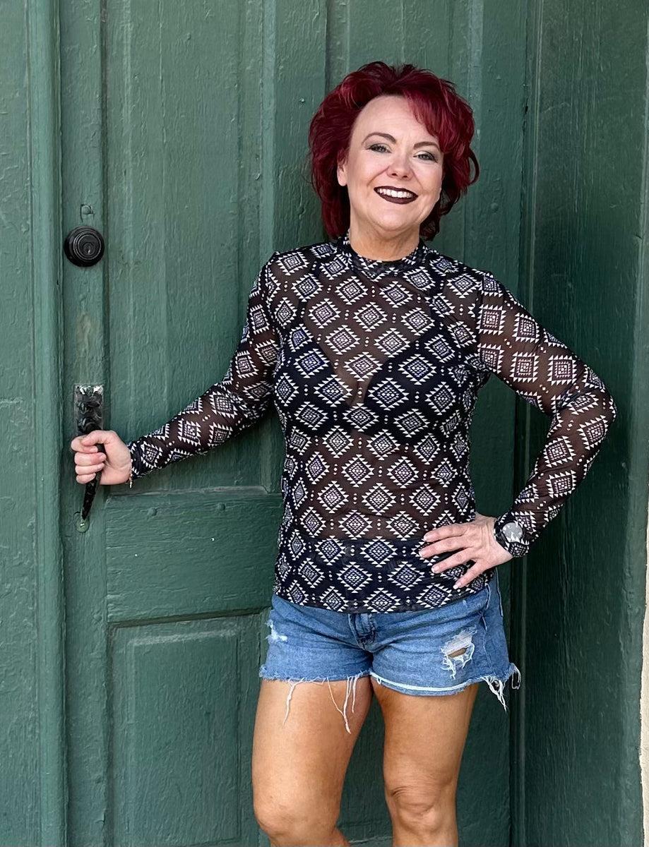Sutton Black Aztec Print Mesh Top Product Image