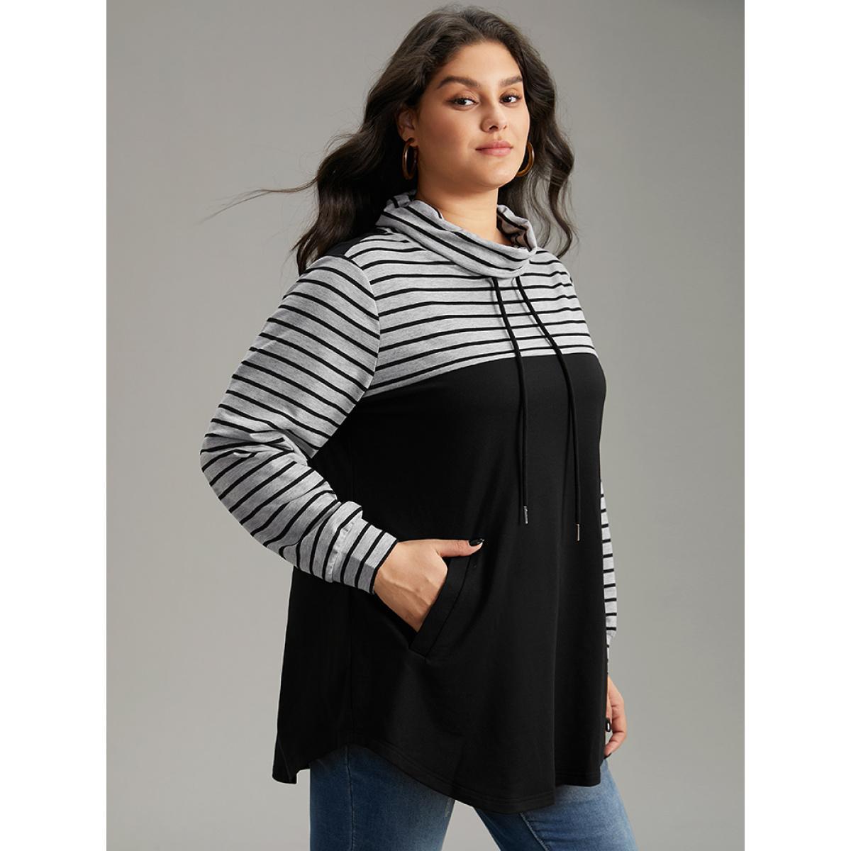 Plus Size Mock Neck Striped Patchwork Drawstring Sweatshirt Women Black Casual Contrast Mock Neck Everyday Sweatshirts BloomChic 10/M Product Image