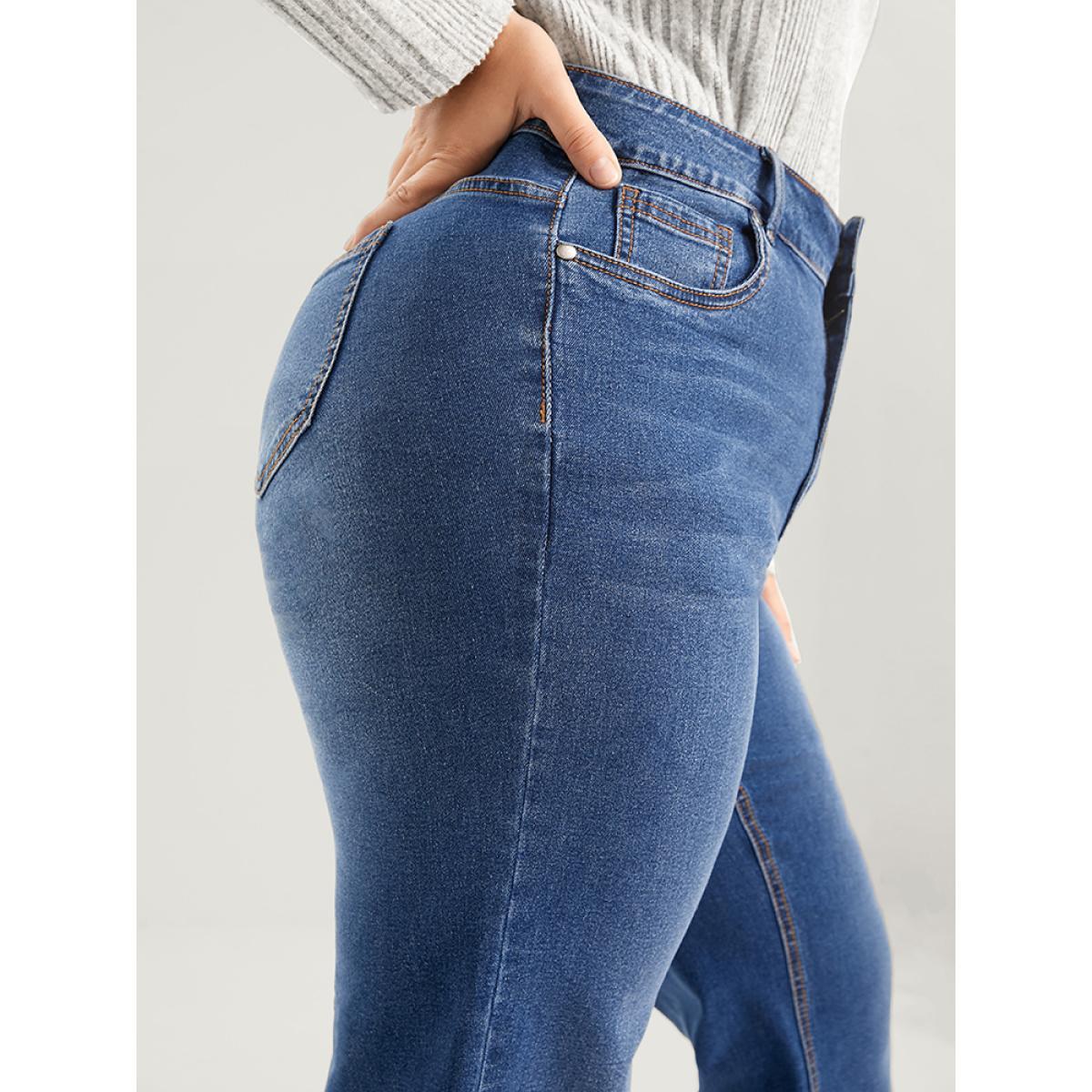 Plus Size Straight Moderately Stretchy High Rise Dark Wash Sculpt Waist Jeans Women DarkBlue Casual Plain Medium stretch Pocket Jeans BloomChic 26/4X Product Image