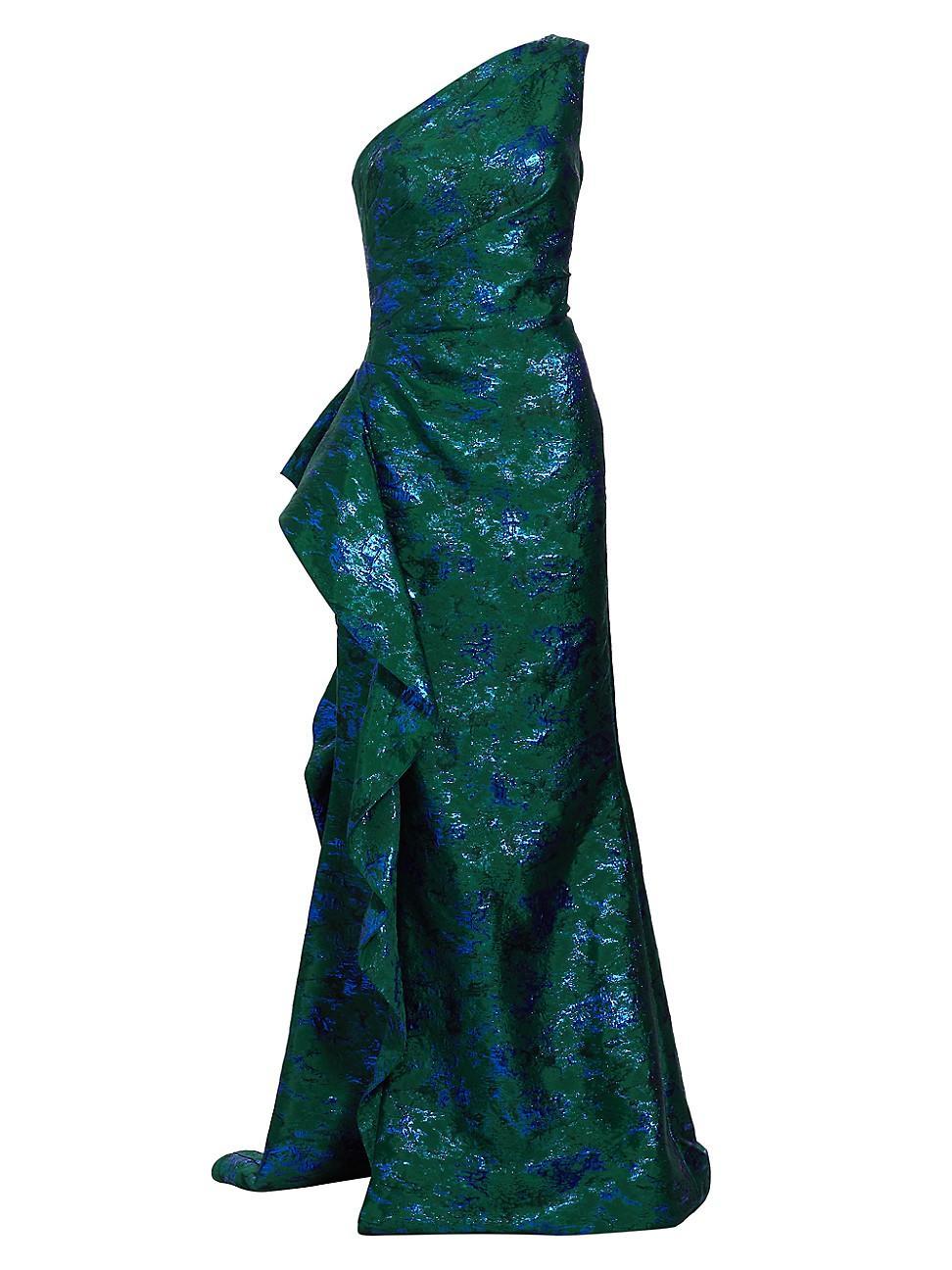 Metallic Jacquard One-Shoulder Side-Ruffle Gown Product Image