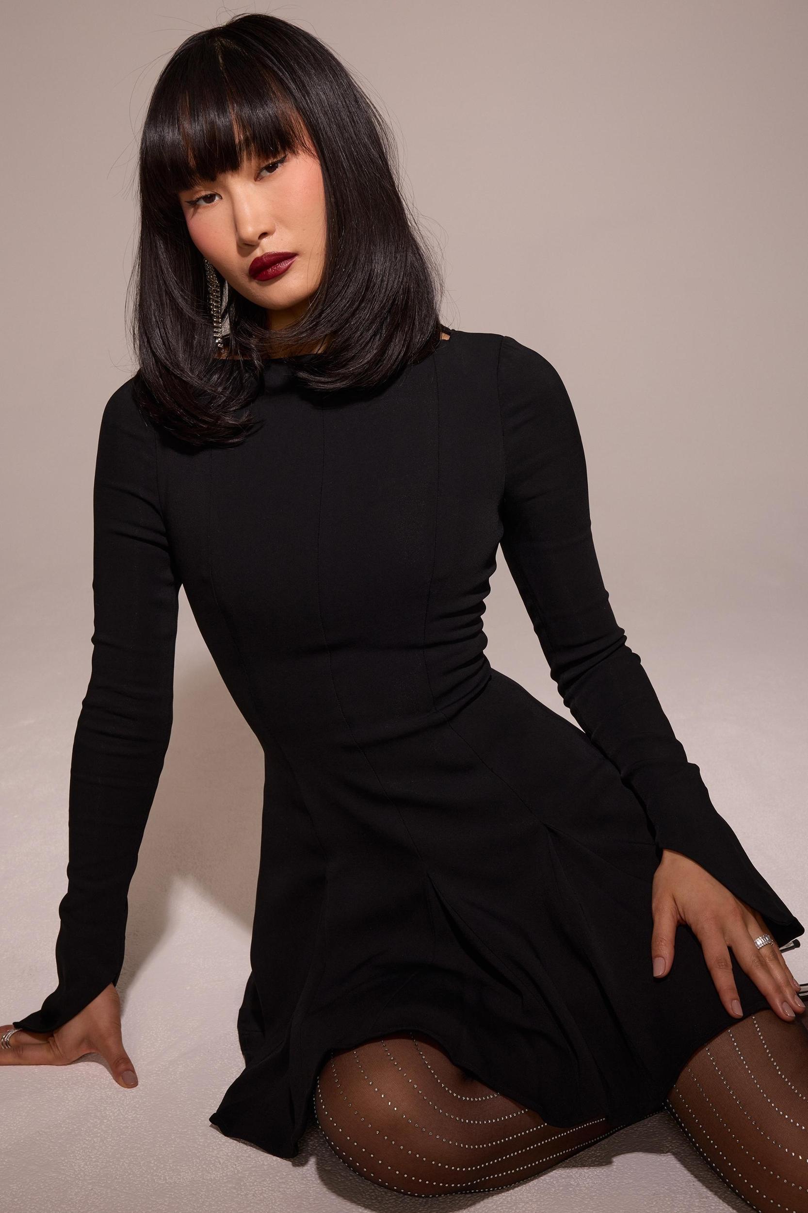 Francesca  black stretch crepe godet mini dress Product Image