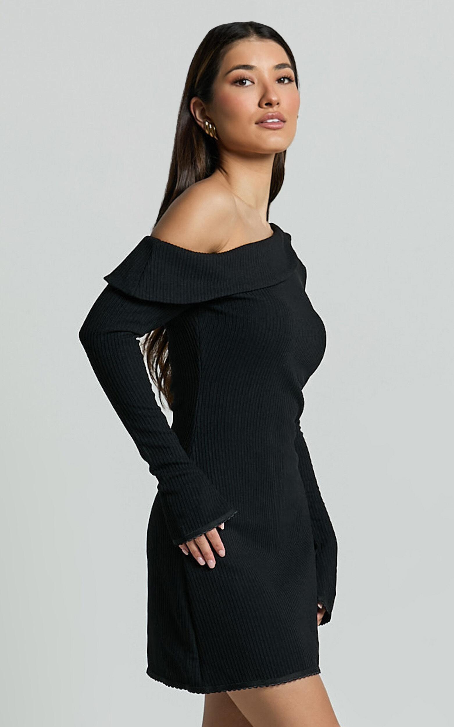 Danielle Mini Dress - Off Shoulder Long Sleeve Fitted Dress in Black Product Image