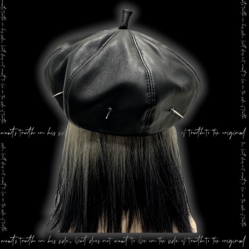 Studded Faux Leather Beret Hat Product Image
