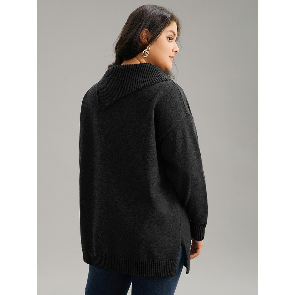 Plus Size Supersoft Essentials Asymmetrical Neck Button Detail Pullover Black Women Casual Loose Long Sleeve Asymmetrical Neck Dailywear Pullovers BloomChic 18-20/2X Product Image