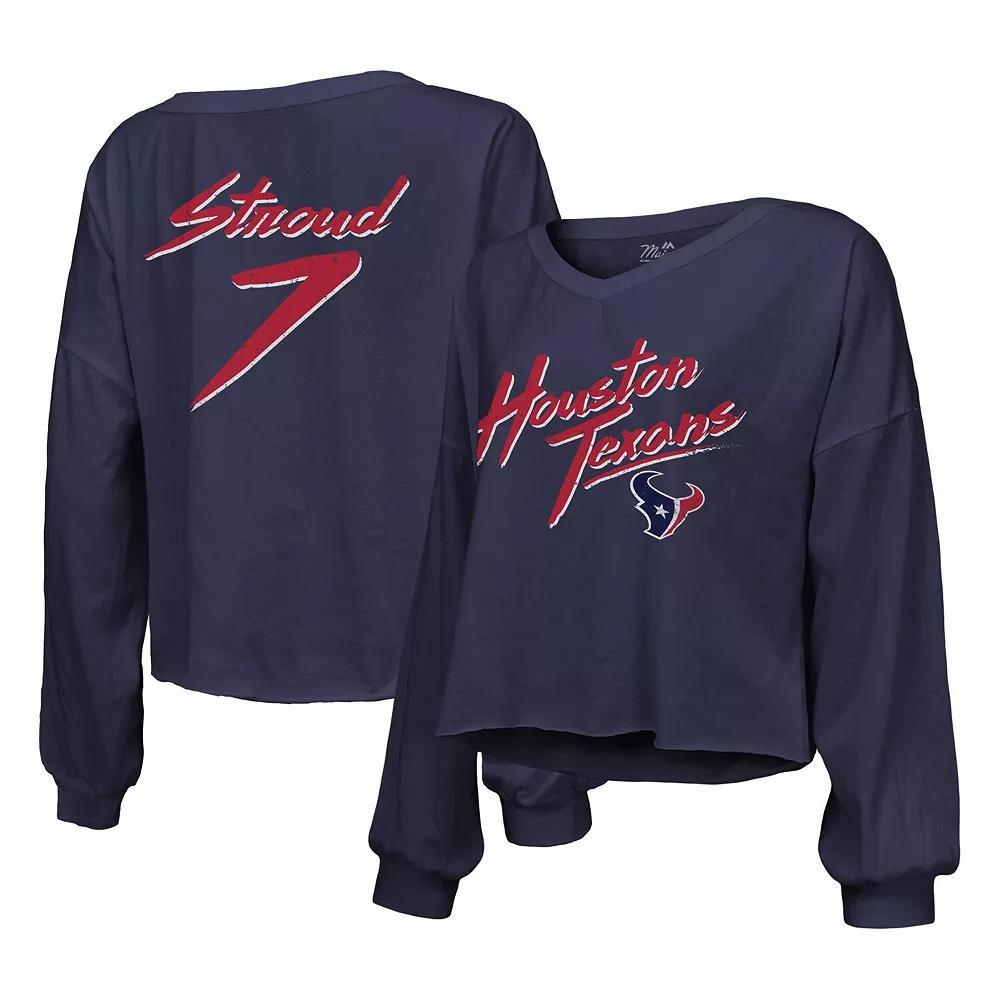 Women's Majestic Threads C.J. Stroud Navy Houston Texans Name & Number Script Off-Shoulder Cropped Long Sleeve T-Shirt, Size: XL, Blue Product Image